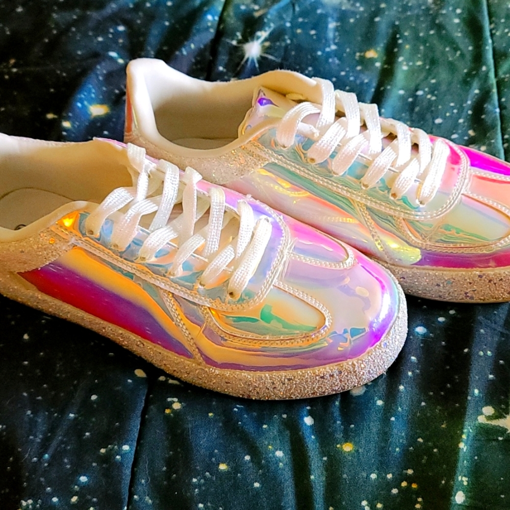 Roxy Rose Iridescent Holographic White Pink and Blue Sparkle Sneakers
